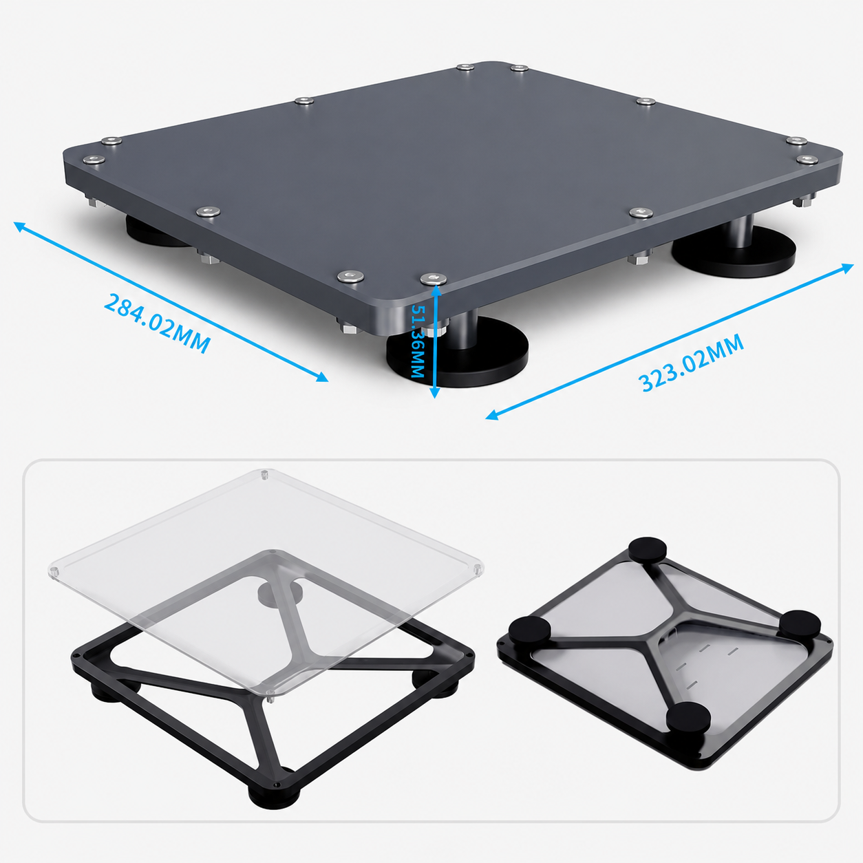 Starlink Mini / Mini X用マグネット式ルーフマウントのサイズと保護カバー構造を示す製品画像
