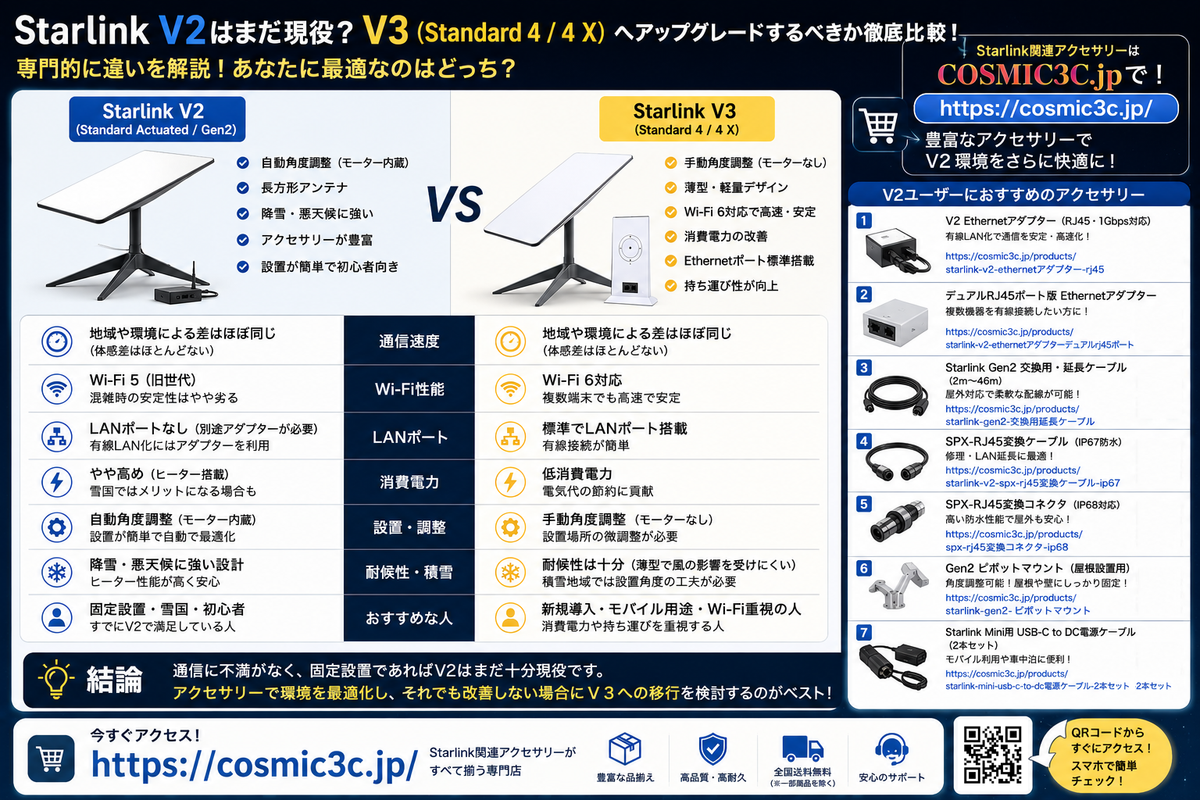 Starlink V2はまだ現役？V3（Standard 4 / 4 X）へ買い替えるべきかを