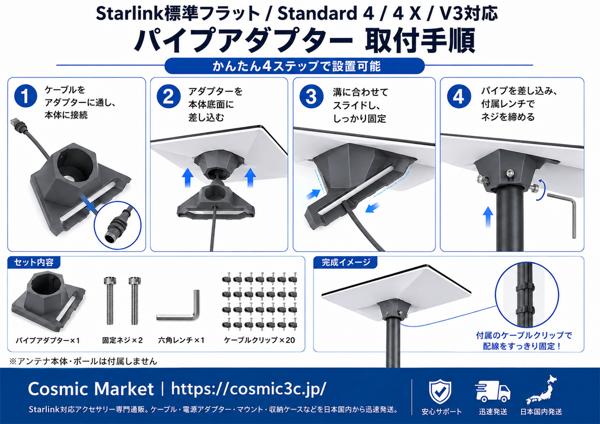 Starlinkパイプアダプターの取り付け方法｜Standard 4 / 4 X / V3対応モデルの設置手順と注意点
