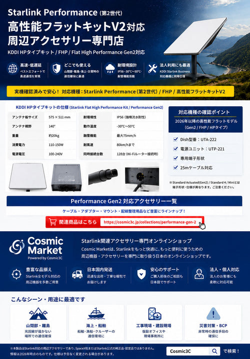 KDDI Starlink BusinessのHPタイプキットとは？Starlink Performance（第2世代）・Flat High Performanceとの違いと周辺アクセサリーの選び方