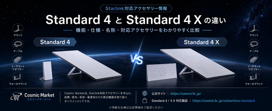 Starlink Standard 4とStandard 4 Xの違いを、名称、同梱物、ルーター、電源、サイズ、対応アクセサリーの観点から解説。Gen3・V3・旧第3世代の呼び方や、購入前に確認したいポイントも紹介します。