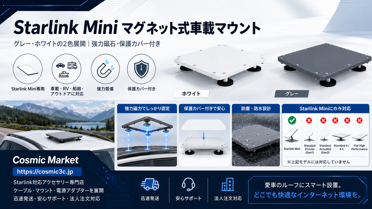Starlink Miniを車載で使いやすくするマグネット式車載マウント｜グレー・ホワイトの2色を比較