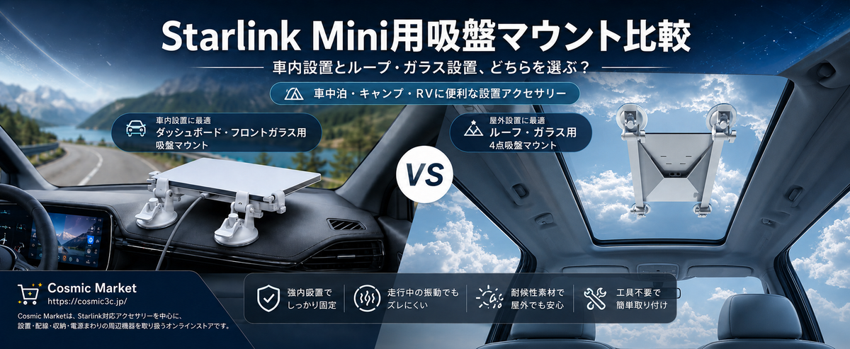Starlink Mini（スターリンクミニ）用吸盤マウント2種類を比較するブログ画像。車内ダッシュボード設置と車のルーフ・ガラス面設置の違いを紹介。