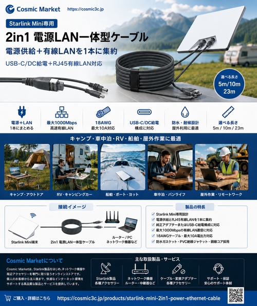 Starlink Miniの配線をもっとシンプルに｜電源とLANを1本にまとめる2in1ケーブルを詳しく紹介