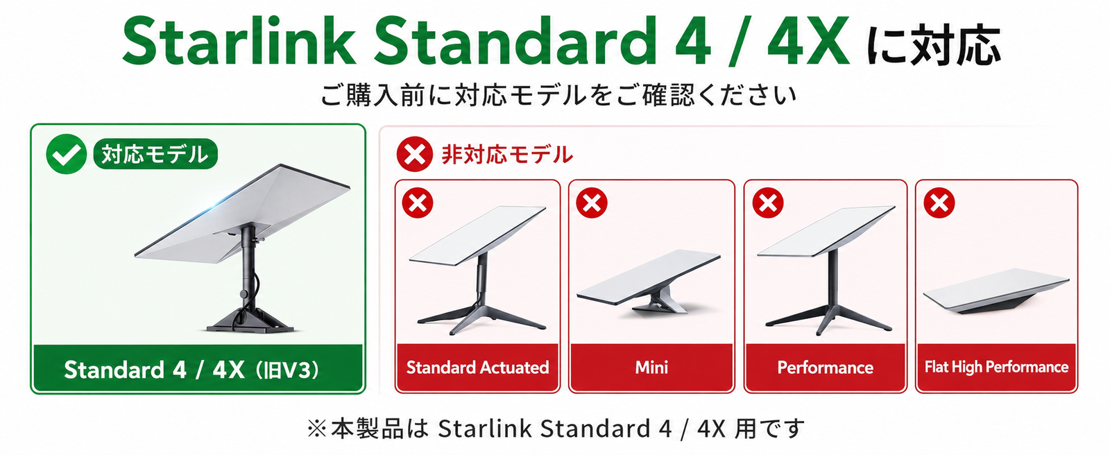 Starlink Standard 4 / 4X用ピボットマウントの対応モデルと非対応モデル一覧