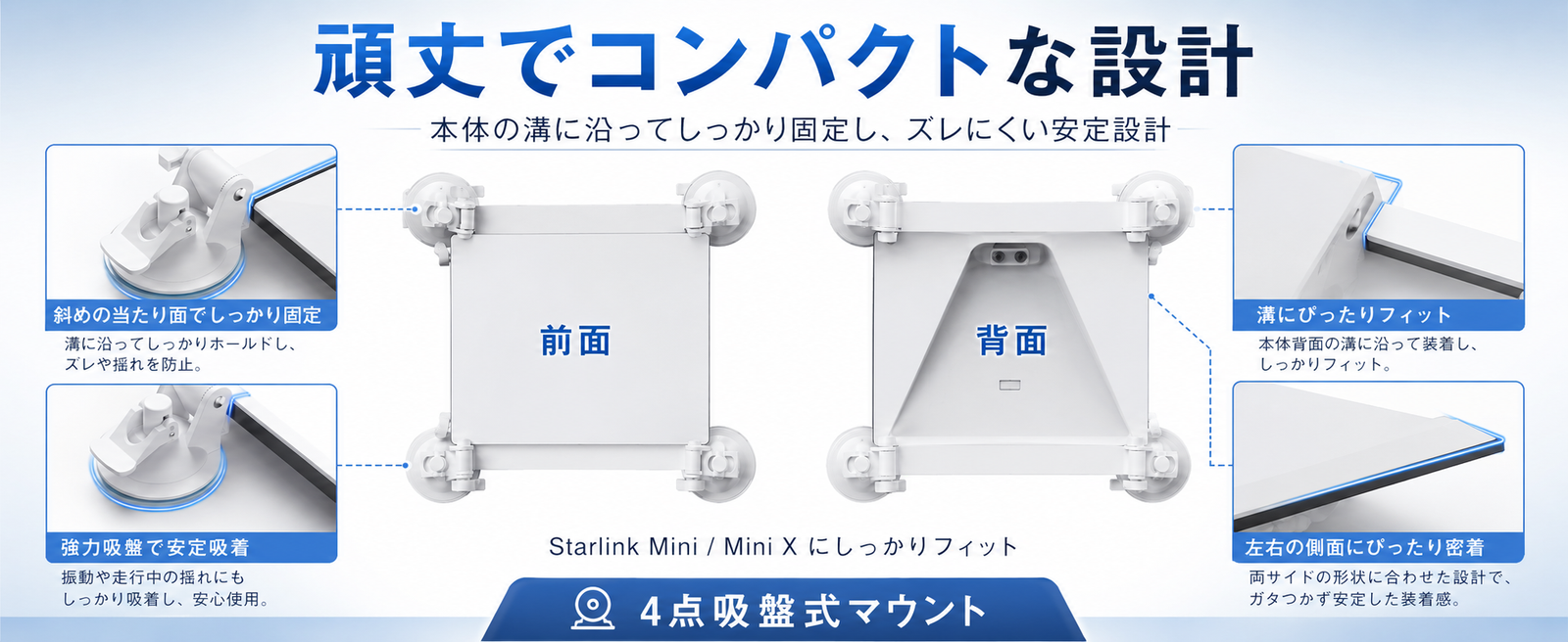 Starlink Mini / Mini X（スターリンクミニ）対応吸盤マウントの頑丈でコンパクトな設計と前面・背面の固定構造を示す説明画像