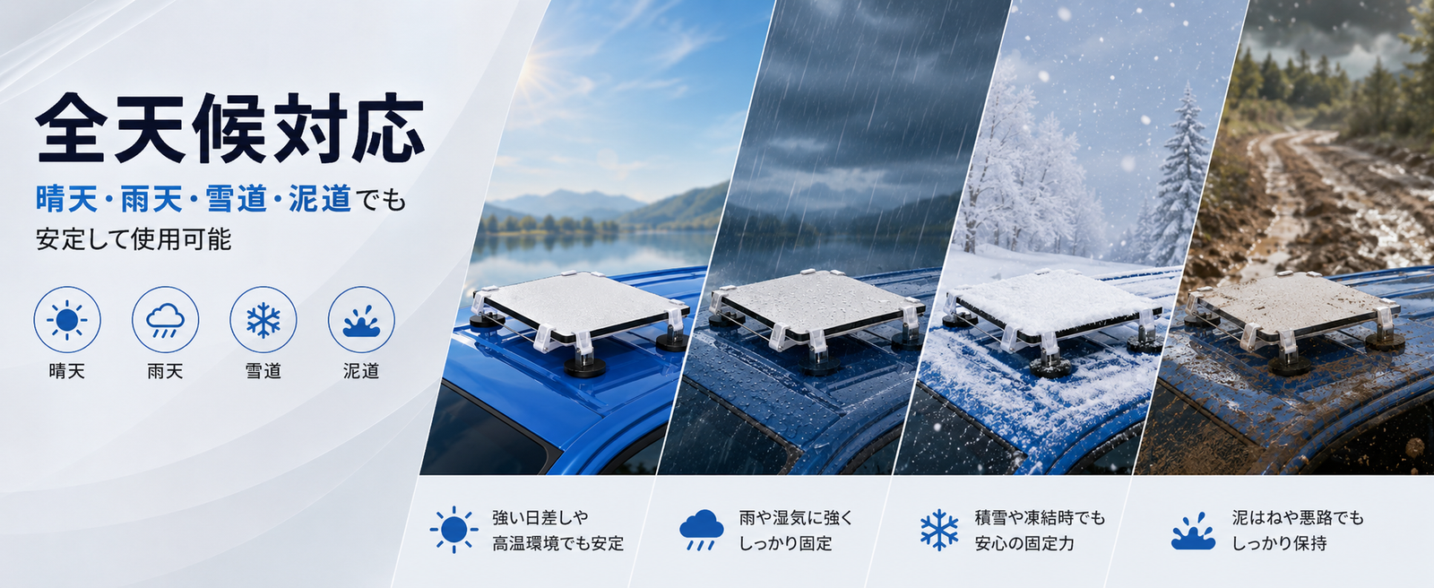 Starlink Mini / Starlink Mini X（スターリンクミニ）対応マグネットマウントの全天候使用イメージ、晴天・雨天・雪道・泥道に対応