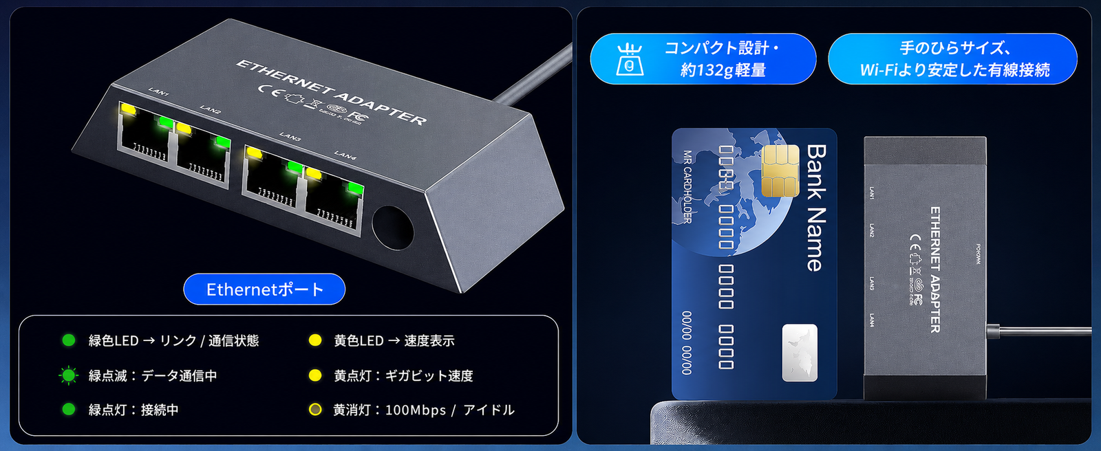 スターリンク対応Ethernetアダプター LED表示とコンパクト設計の機能説明