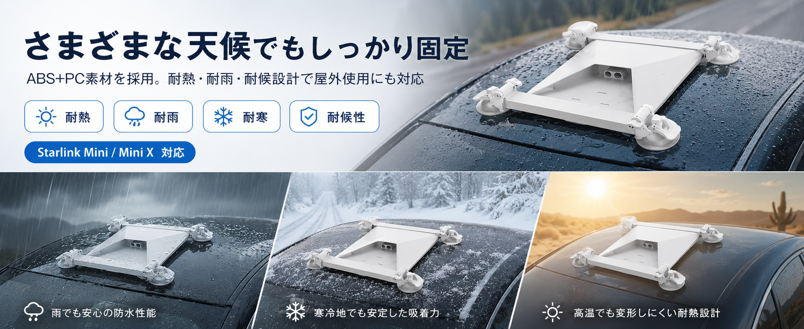 Starlink Mini / Mini X（スターリンクミニ）対応吸盤マウントが雨・雪・高温などさまざまな天候でもしっかり固定できることを示す画像