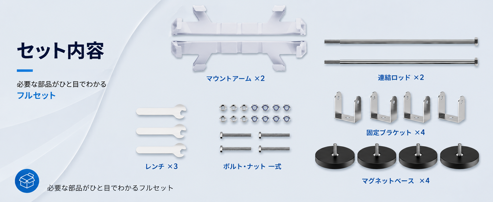 Starlink Mini / Starlink Mini X（スターリンクミニ）用マグネットマウントのセット内容、マウントアーム・連結ロッド・工具・固定パーツ一式