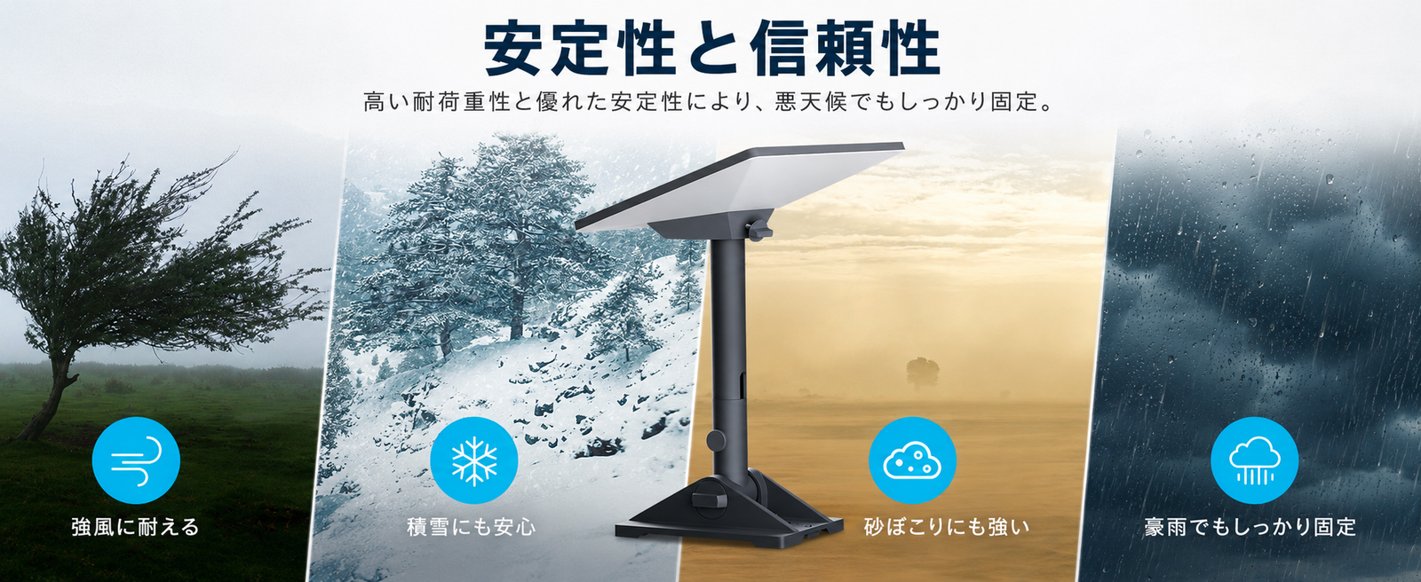 Starlink Mini / Mini X対応ルーフマウントキットの安定性説明画像。強風、積雪、砂ぼこり、豪雨などの屋外環境でもしっかり固定できる設置イメージ。
