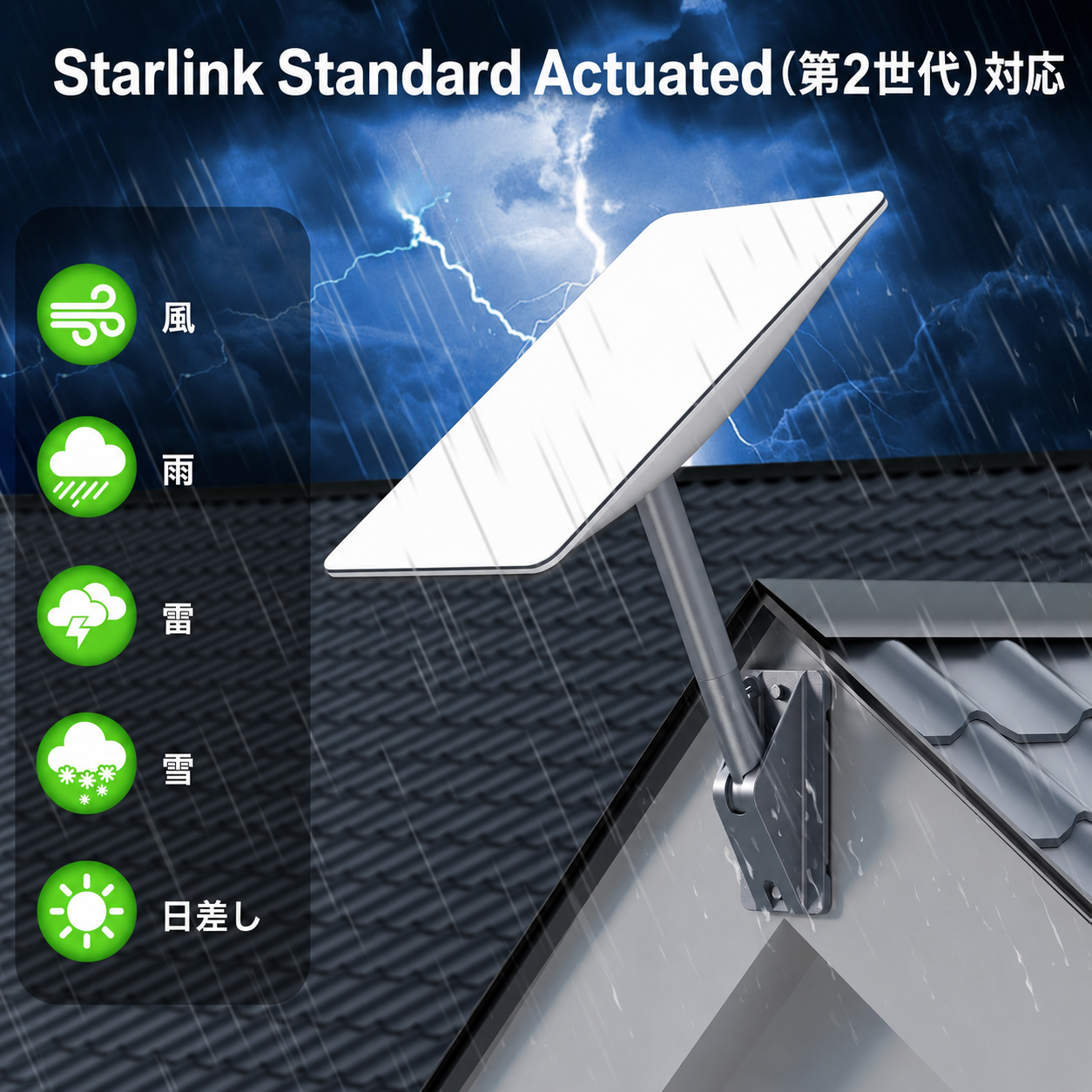 Starlink Standard Actuated第2世代対応マウント、風・雨・雷・雪・日差しなど屋外設置環境に配慮した設計