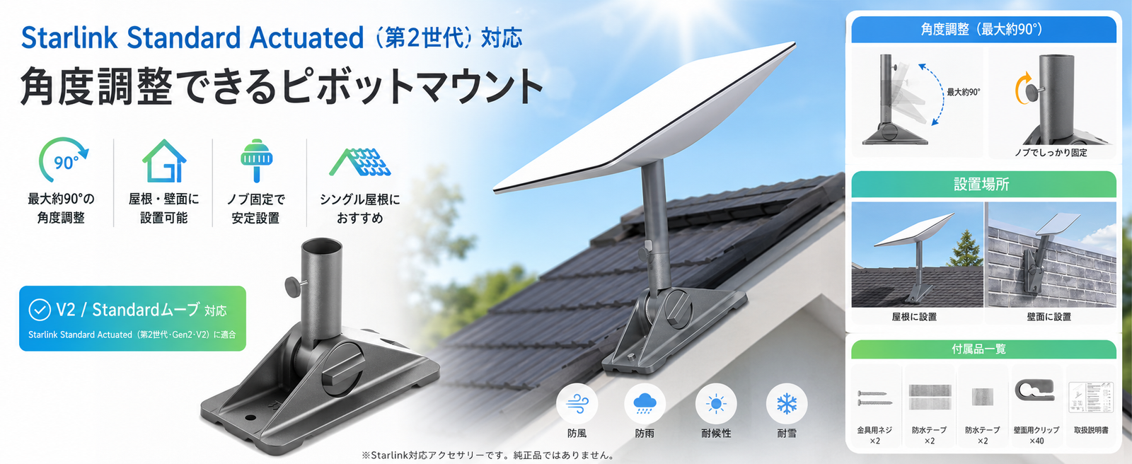 Starlink Standard Actuated第2世代対応ピボットマウント、最大約90度の角度調整と屋根・壁面設置に対応