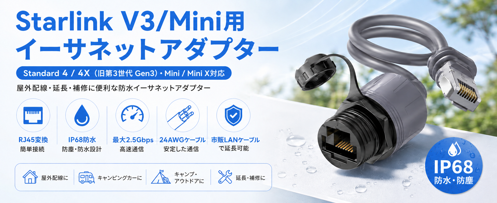 Starlink（スターリンク） V3/Mini用イーサネットアダプター Standard 4/4X・Mini/Mini X対応 RJ45変換 IP67防水