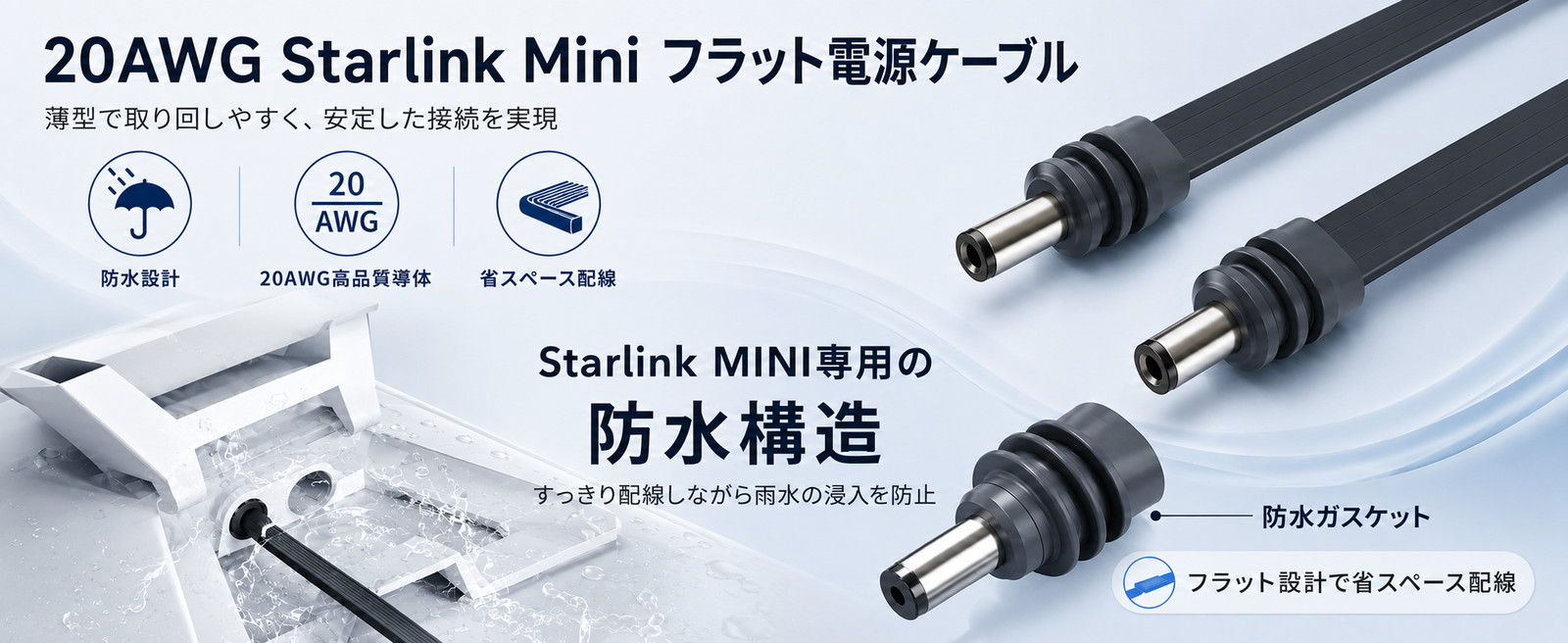 20AWG Starlink Mini（スターリンクミニ）フラット電源ケーブル、防水設計・省スペース配線・安定接続を説明する商品画像