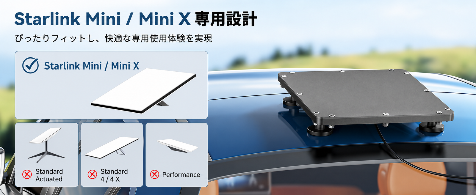 Starlink Mini / Mini X用マグネット式ルーフマウントの脚部構造とTPEゴムカバーを説明する画像
