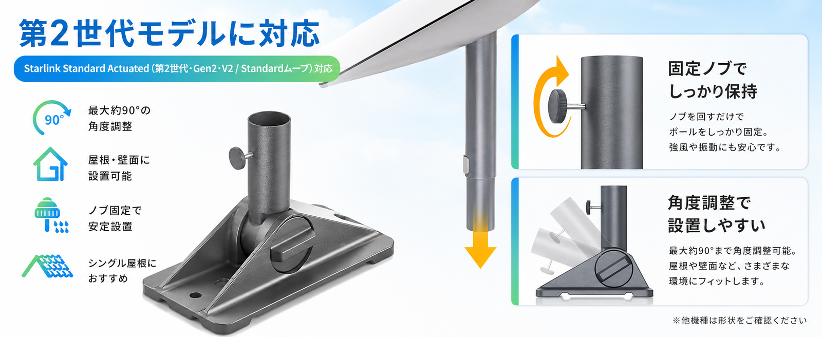 Starlink第2世代対応ピボットマウント、固定ノブでしっかり保持し角度調整しやすい設計