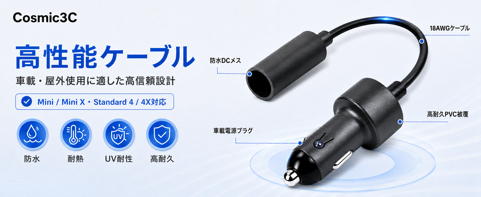 Starlink Standard 4 / 4X・Mini / Mini X対応 高性能車載電源ケーブル 防水DCメス端子 18AWGケーブル
