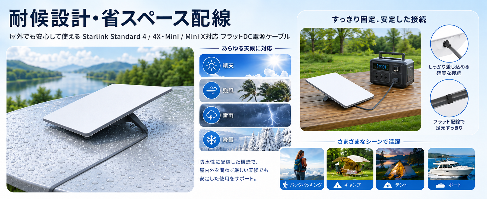 Starlink V3/Mini用フラットDC電源ケーブル、屋外利用に配慮した耐候設計と省スペース配線の説明画像 スターリンクStandard 4 / 4X（旧第3世代 Gen3）・Mini / Mini X対応