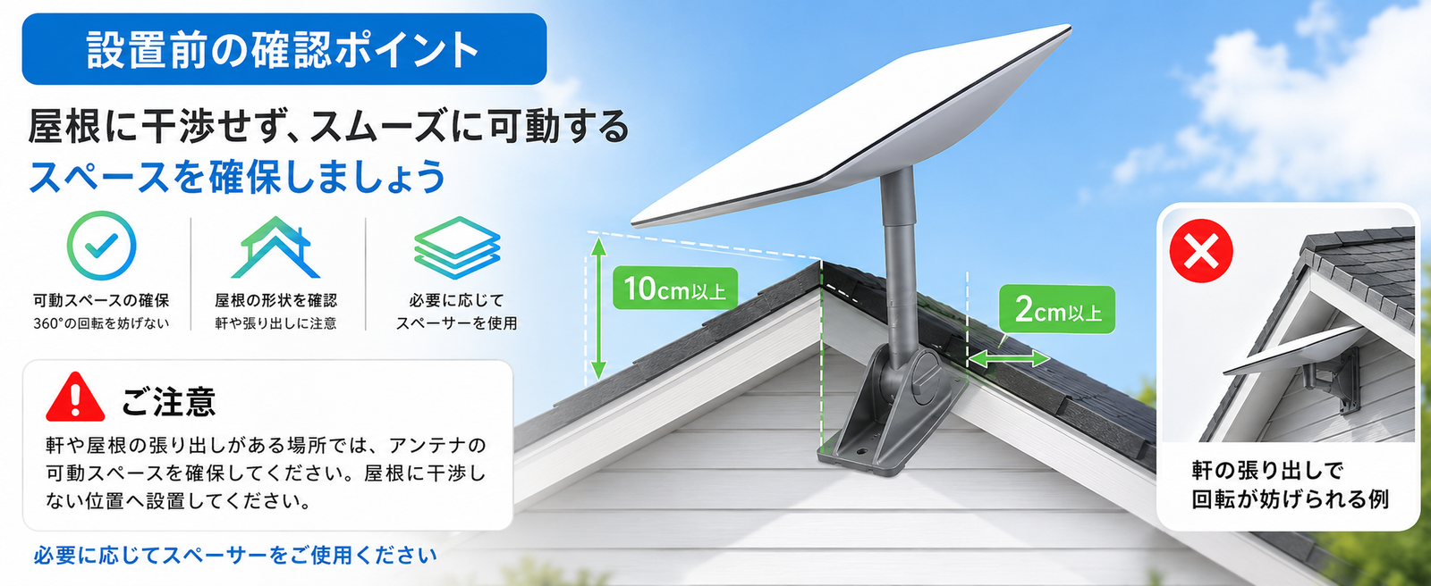 Starlinkピボットマウント設置前の確認ポイント、屋根との干渉を避けるための可動スペース確保説明