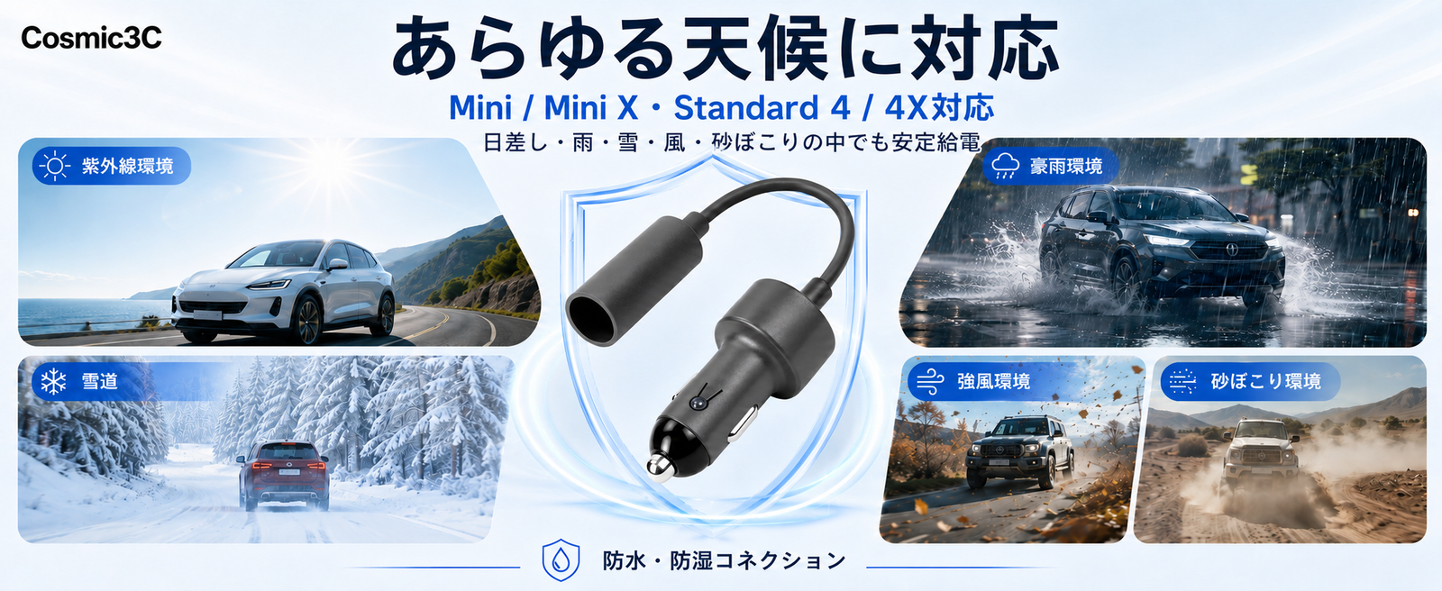 Starlink Standard 4 / 4X・Mini / Mini X対応 防水・防湿車載電源アダプター 雨・雪・風・砂ぼこり環境に対応