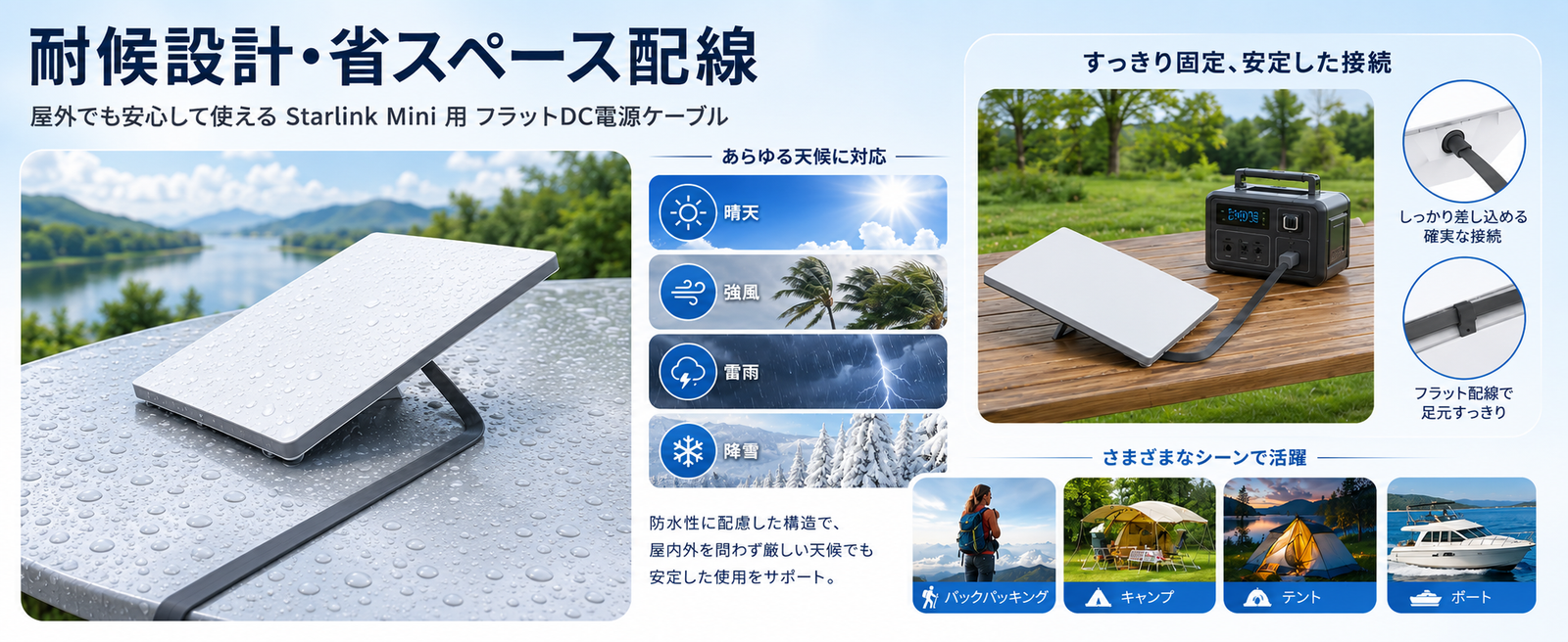 Starlink Mini（スターリンクミニ）用フラットDC電源ケーブル、屋外利用に配慮した耐候設計と省スペース配線の説明画像