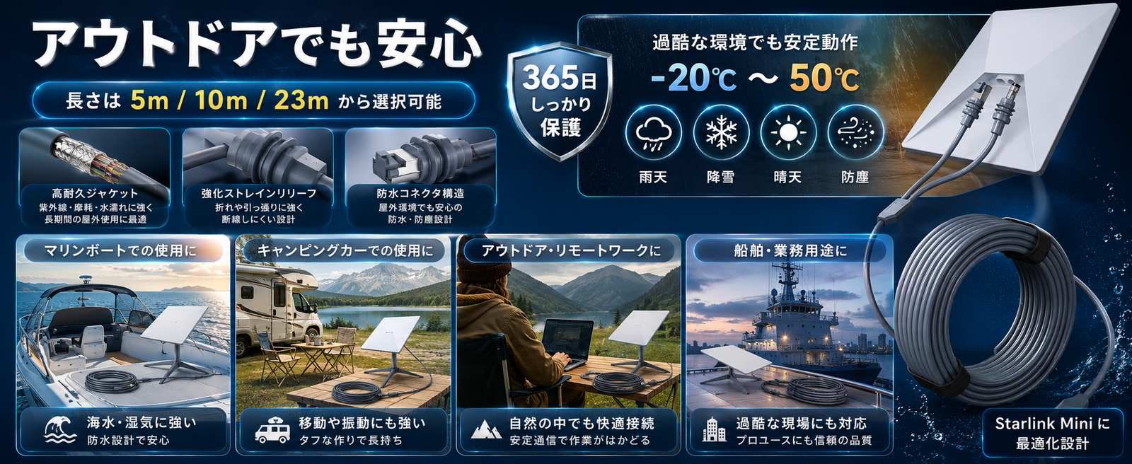 Starlink Mini / Mini X（スターリンクミニ）対応ケーブルの屋外使用・防水設計・5m 10m 23m長さ選択イメージ