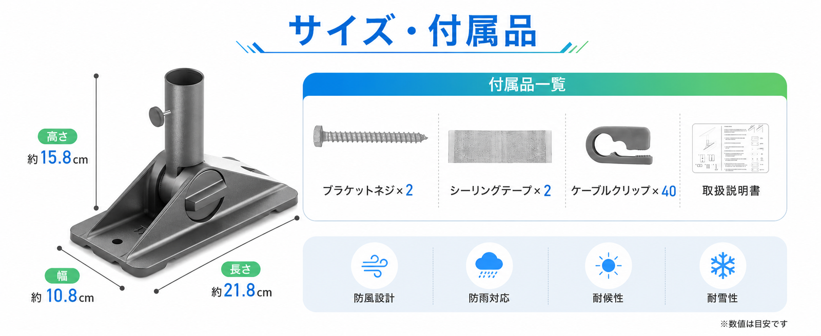 Starlinkピボットマウントのサイズと付属品一覧、ブラケットネジ・シーリングテープ・ケーブルクリップ付き