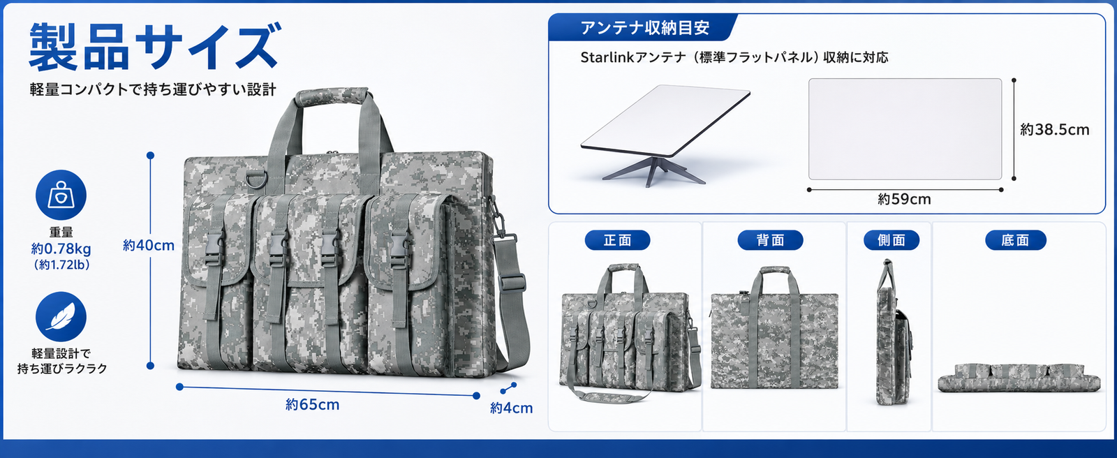 Starlink Standard 4 / 4X（旧Gen3 / V3）対応 スターリンク用収納バッグ 製品サイズとアンテナ収納目安