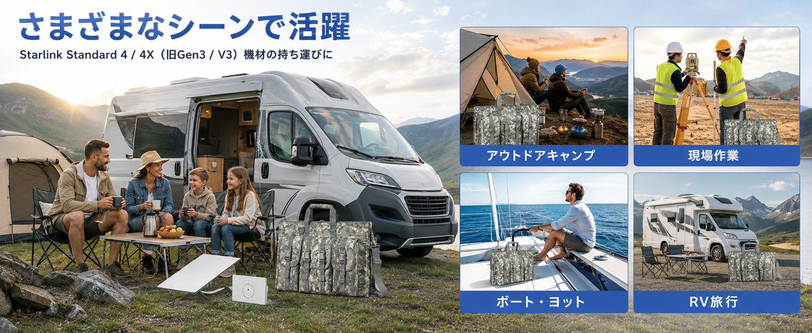 Starlink Standard 4 / 4X（旧Gen3 / V3）対応 スターリンク用キャリーバッグ アウトドアキャンプ・現場作業・RV旅行で活躍