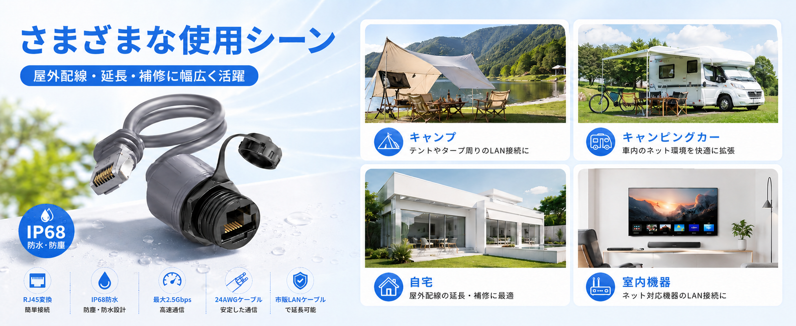 Starlink（スターリンク）用イーサネットアダプター キャンプ・キャンピングカー・自宅・室内機器での使用シーン