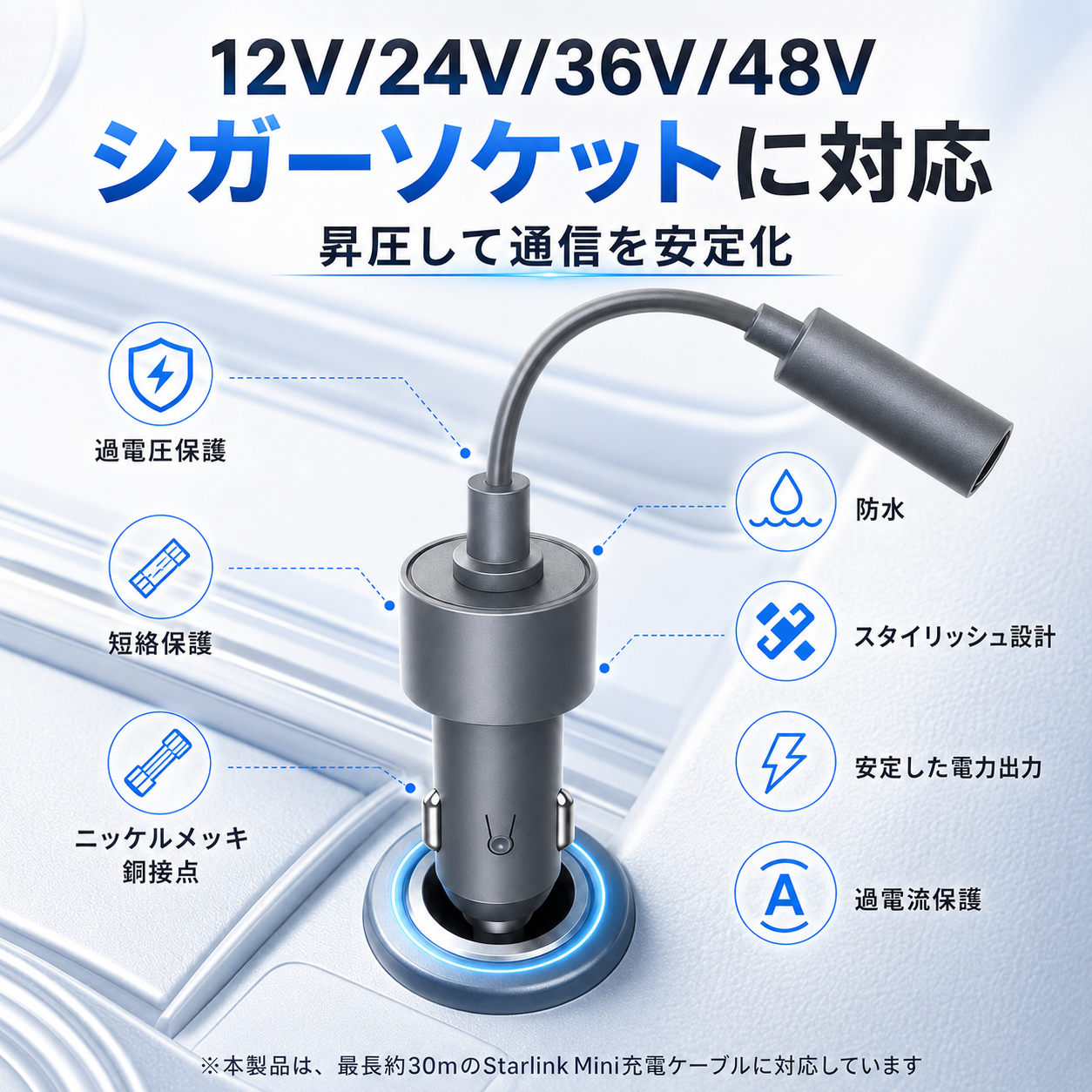 12V 24V 36V 48Vシガーソケット対応 Starlink Mini用車載電源アダプター 過電圧・短絡・過電流保護