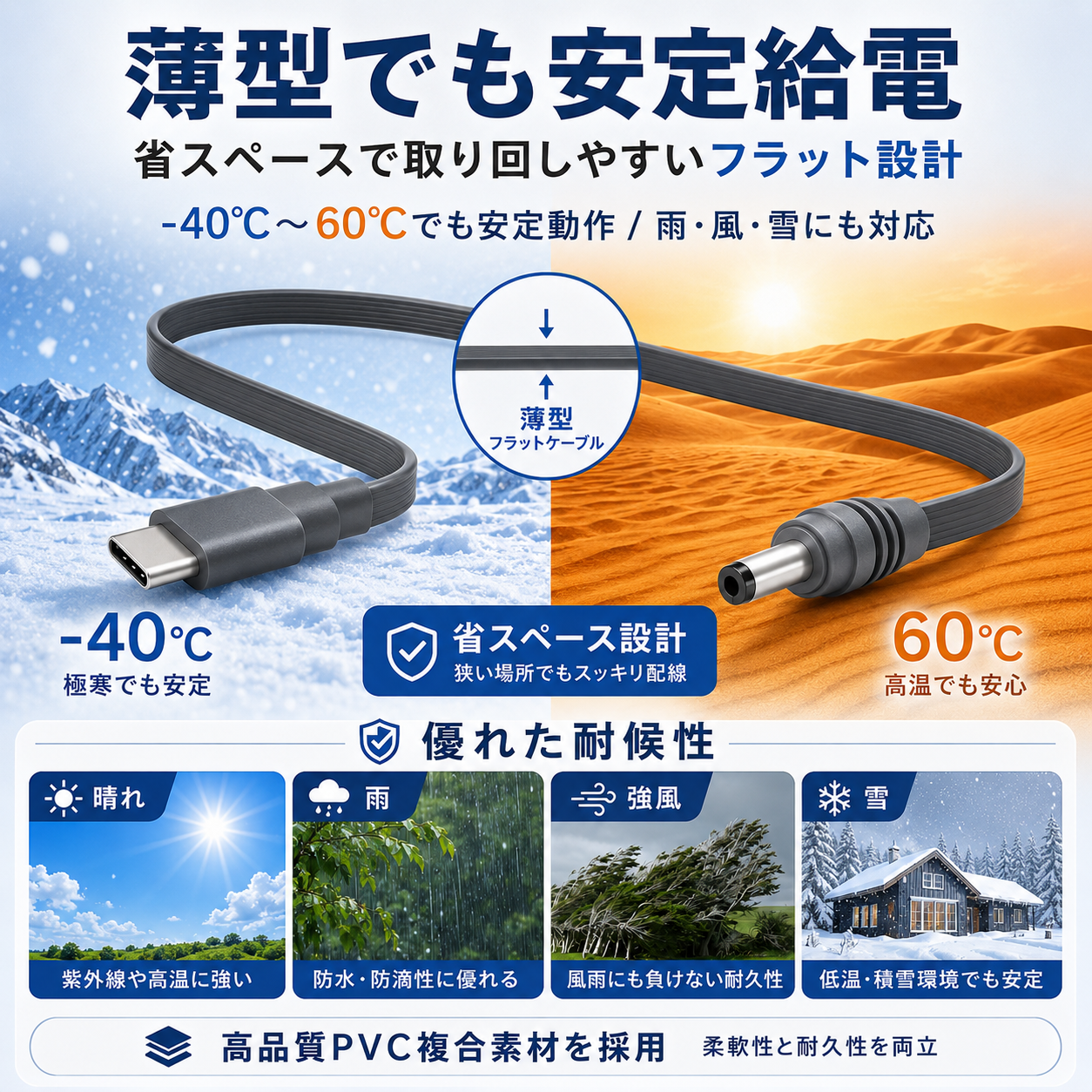 Starlink Mini / Mini X（スターリンクミニ）用 Type-C to DCフラット電源ケーブル 薄型でも安定給電 耐候性と省スペース設計