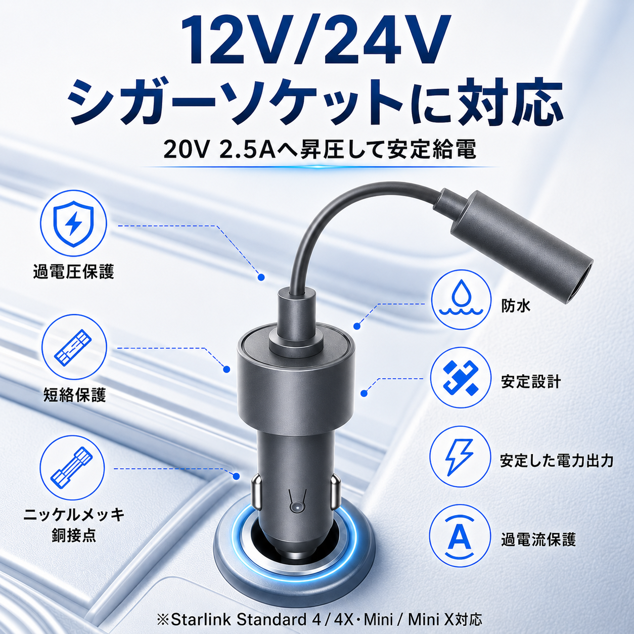 12V/24Vシガーソケット対応 Starlink Standard 4 / 4X・Mini / Mini X用 車載電源アダプター 20V 2.5A出力