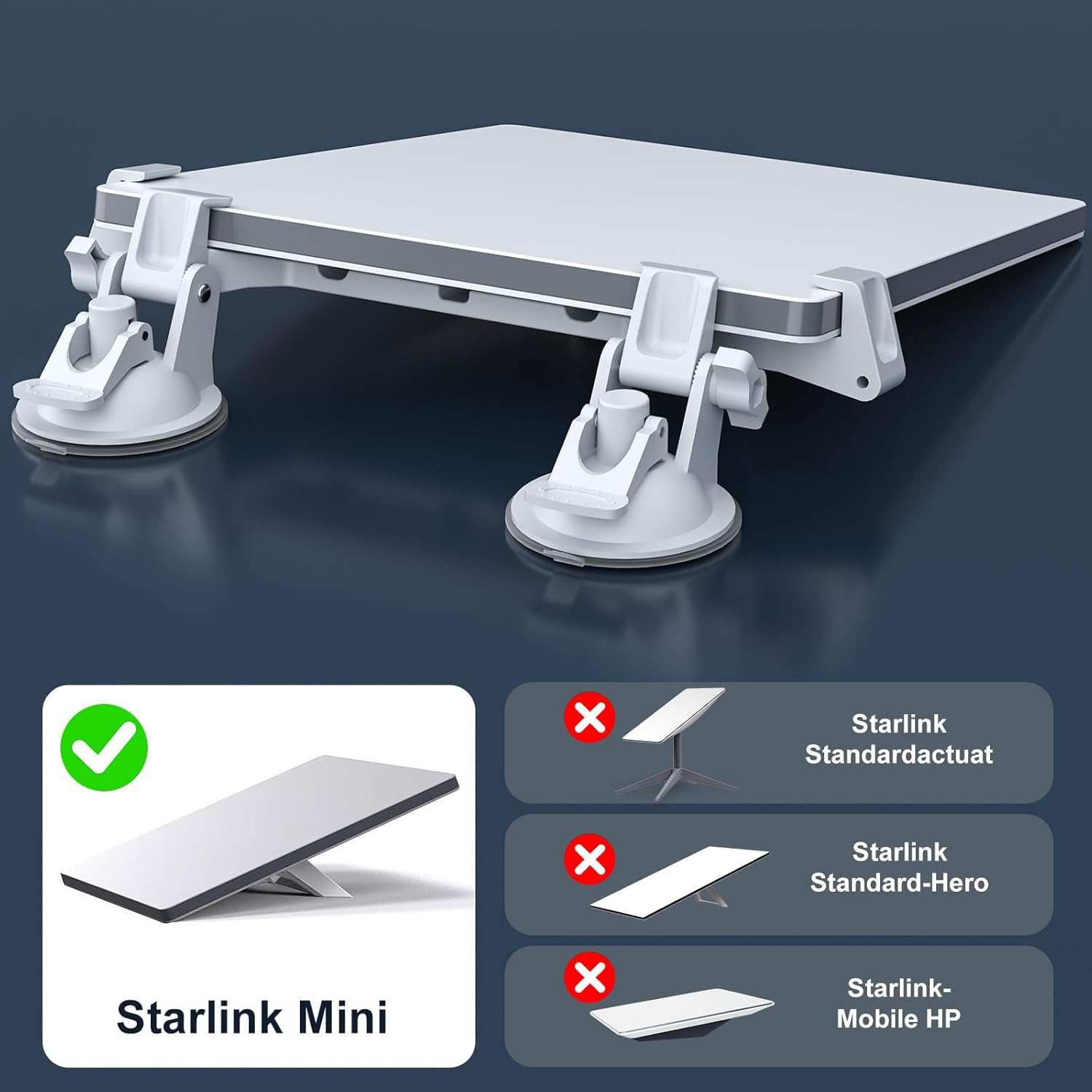 Starlink Mini・スターリンクミニ専用車載吸盤マウントの対応機種と非対応機種を示した説明画像