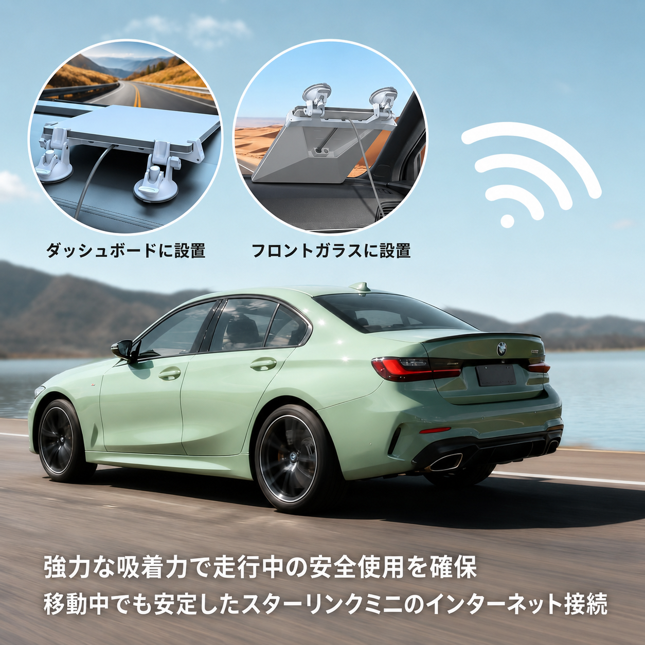Starlink Mini・スターリンクミニ車載吸盤マウントのダッシュボード設置とフロントガラス設置イメージ
