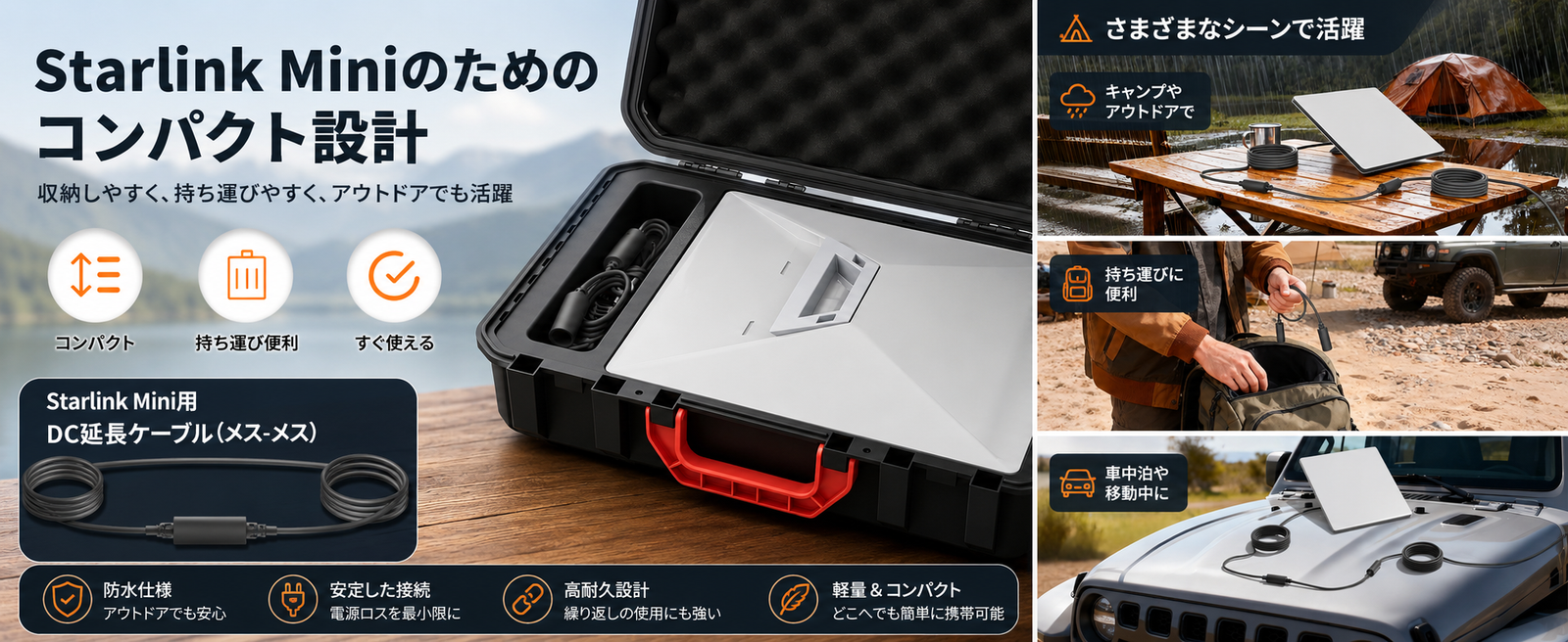 Starlink Mini用DC中継アダプター 30cm メス-メス DC5521対応 防水設計 電源ケーブル接続用アクセサリー