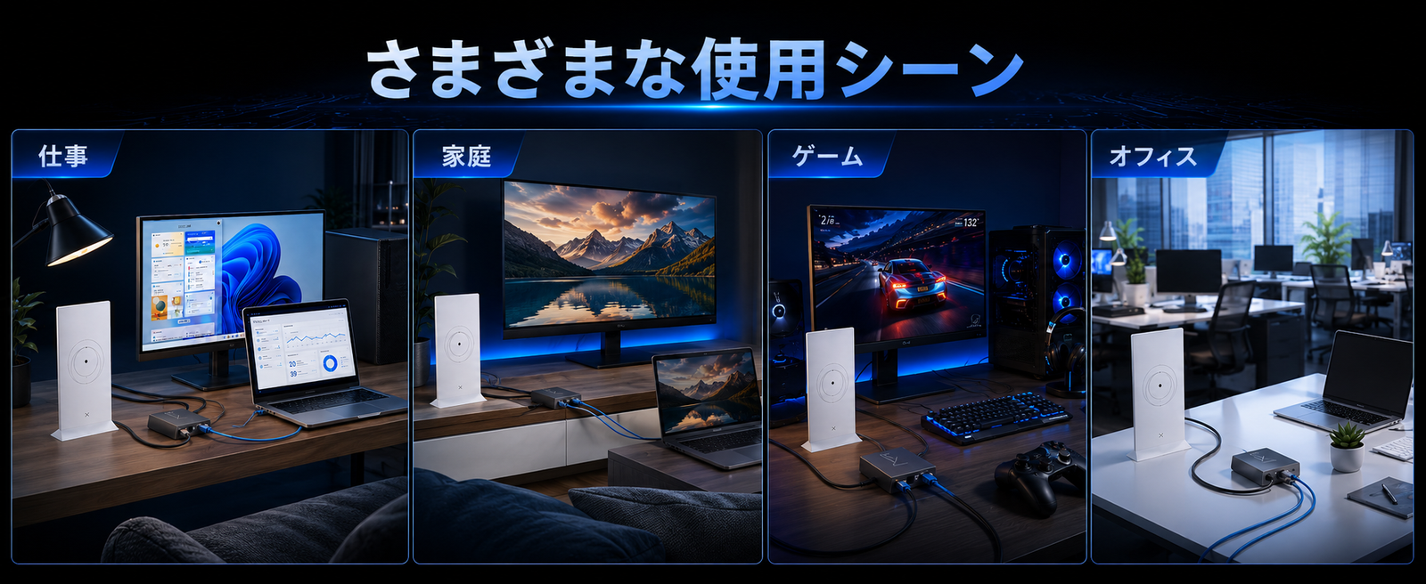 Starlink（スターリンク）V2用イーサネットアダプター 仕事・家庭・ゲーム・オフィスでの使用シーンを紹介する画像