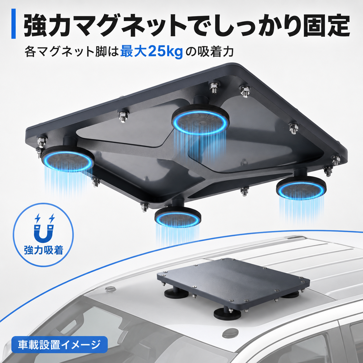 Starlink Mini / Mini X用マグネットマウントの脚部構造とTPEゴムカバーを説明する画像