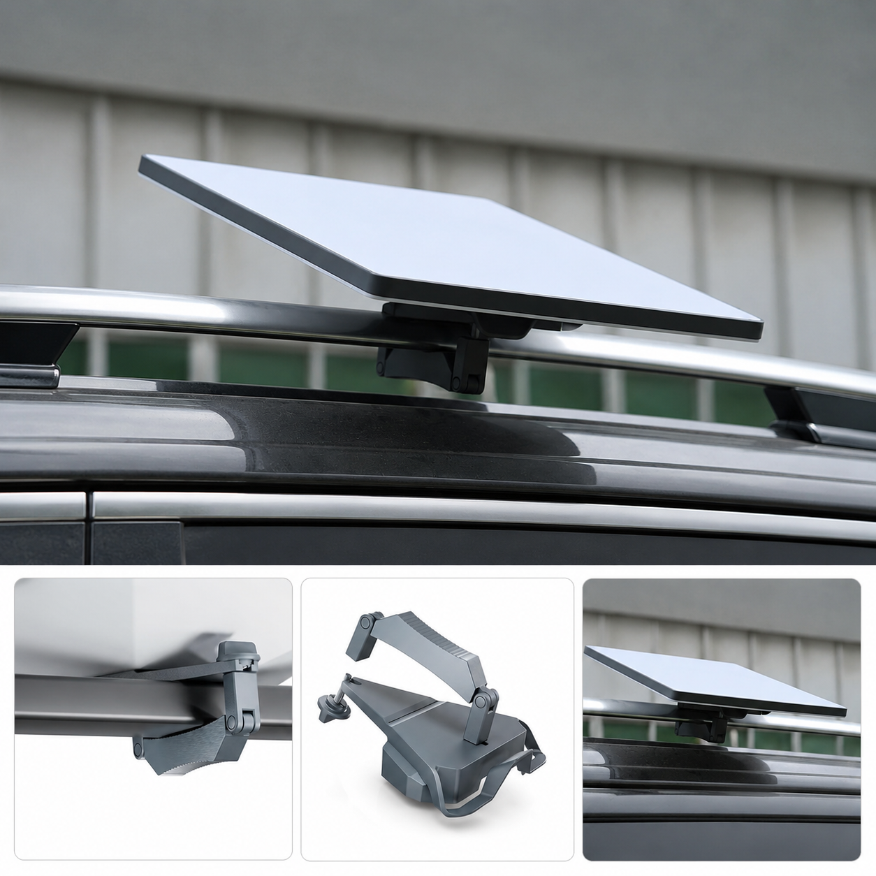 Starlink Mini / Mini X（スターリンクミニ）を車両ルーフラックに取り付けた実用イメージ、車載用ルーフラックマウントの設置例