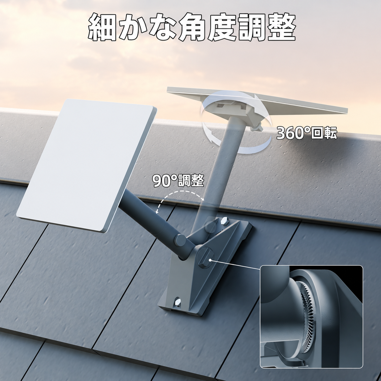 Starlink Mini / Mini X対応ピボットマウントの角度調整機能説明画像。360度回転と90度角度調整に対応し、ギア式ジョイントで細かな向き調整が可能。