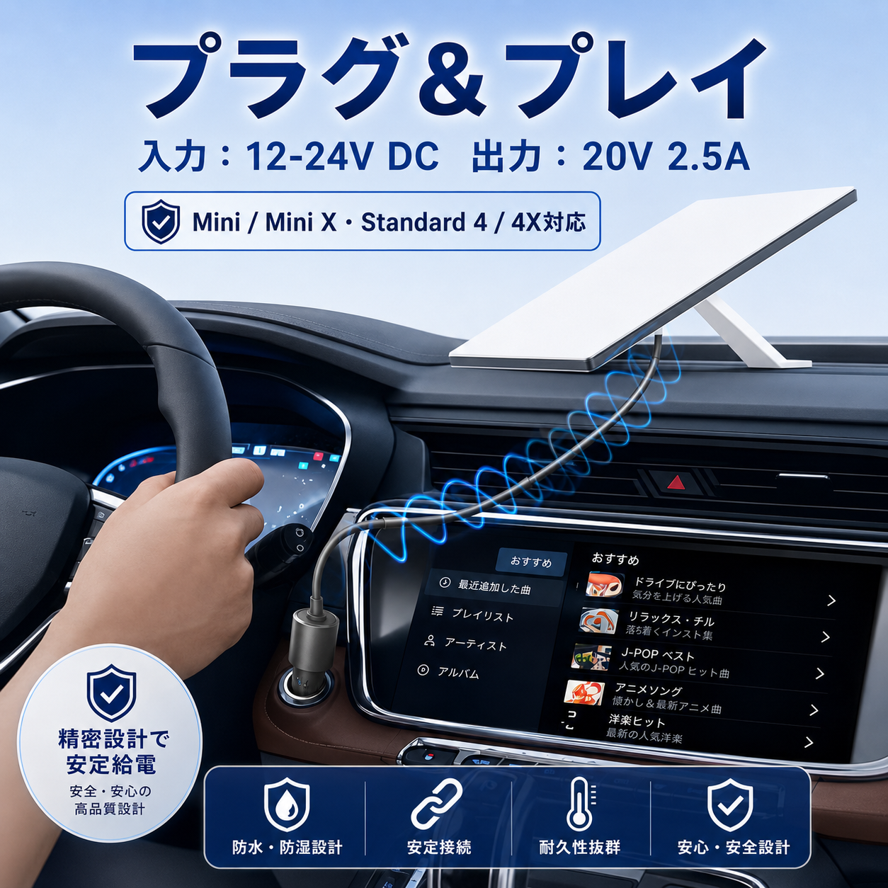 Starlink Standard 4 / 4X・Mini / Mini X対応 プラグ＆プレイ車載電源アダプター 12-24V DC入力 20V 2.5A出力