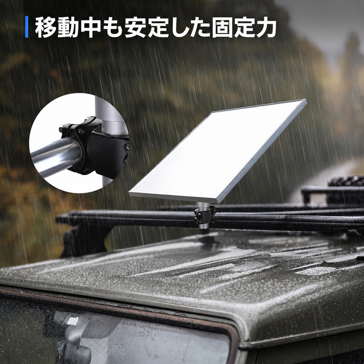 Starlink Mini / Mini X用ポールマウントの固定力説明画像。雨天や移動中でも安定しやすいクランプ固定式のスターリンクミニ対応マウント。
