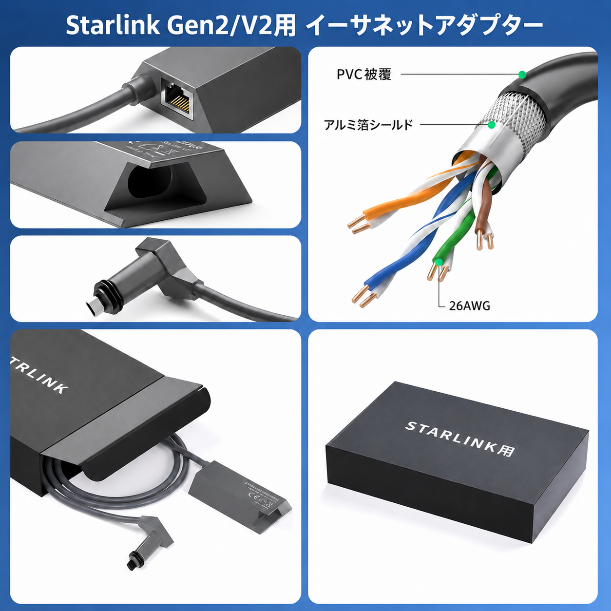 Starlink（スターリンク）Gen2/V2用 EthernetアダプターのRJ45ポート、PVC被覆、アルミ箔シールド、26AWGケーブル構造