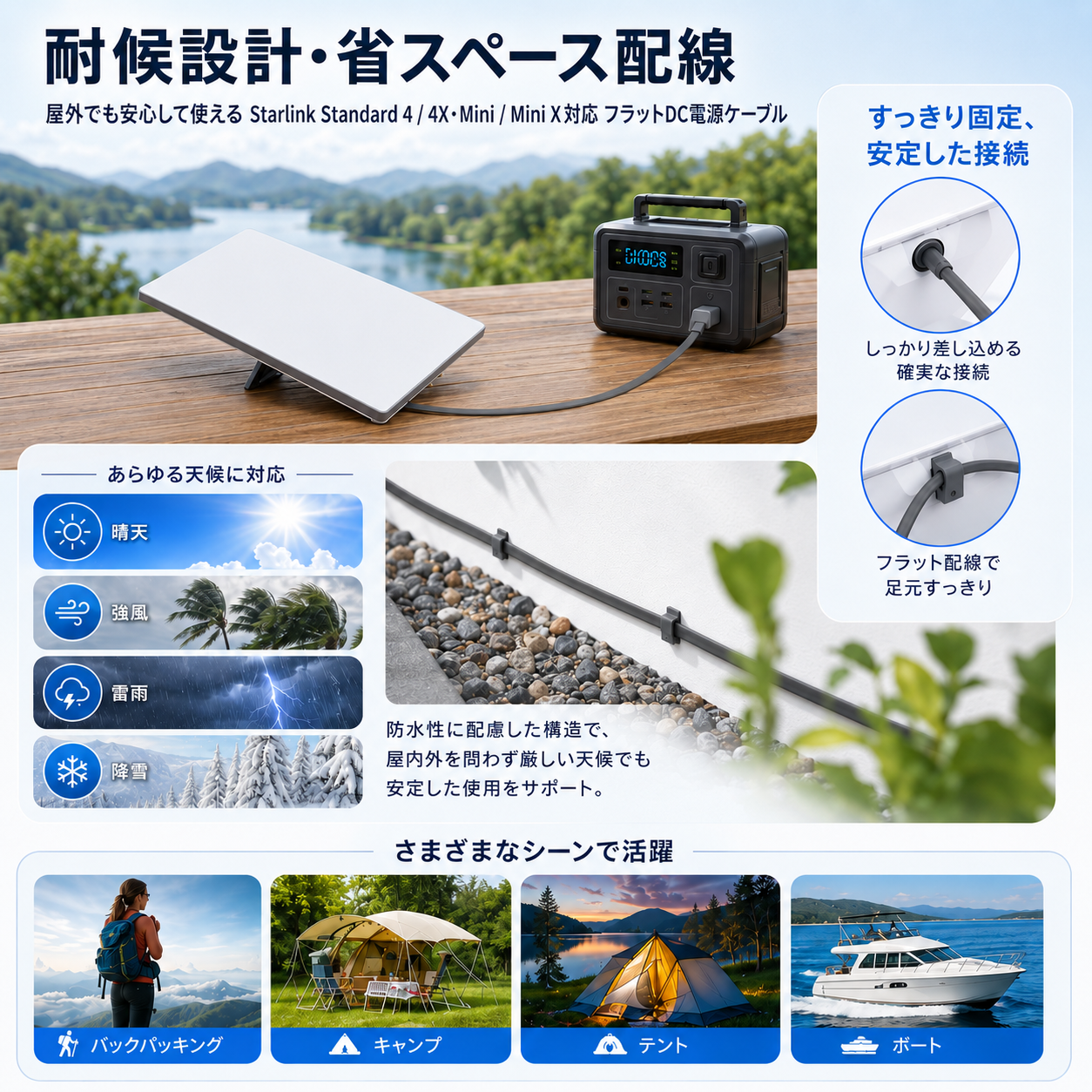 Starlink V3/Mini用フラットDCスターリンク電源ケーブル、屋外使用に対応した耐候設計と省スペース配線の説明画像