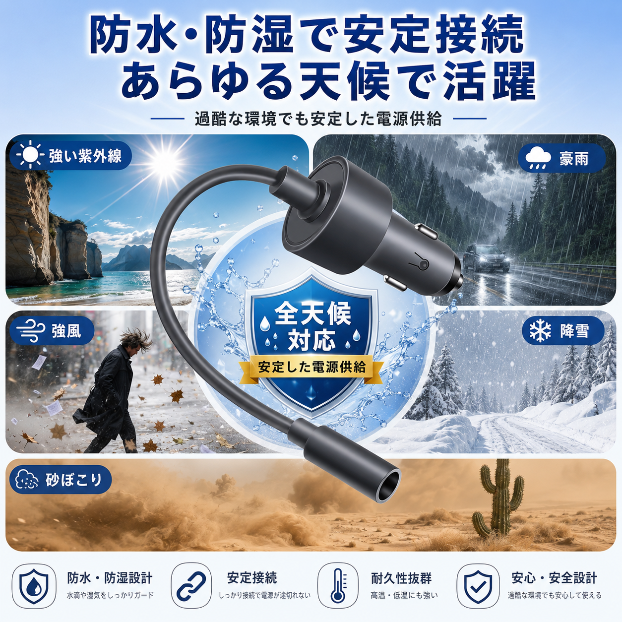 Starlink Mini用車載電源アダプター 防水・防湿設計 強い紫外線・豪雨・強風・降雪・砂ぼこり環境に対応