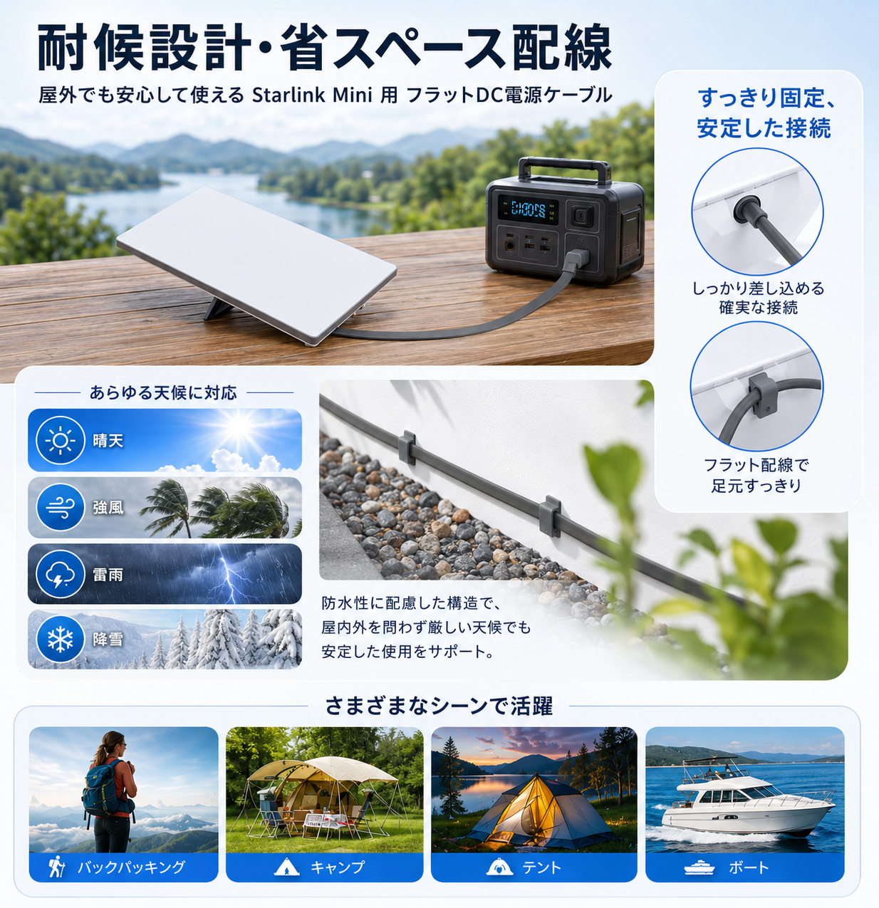 Starlink Mini（スターリンクミニ）用フラットDC電源ケーブル、屋外使用に対応した耐候設計と省スペース配線の説明画像