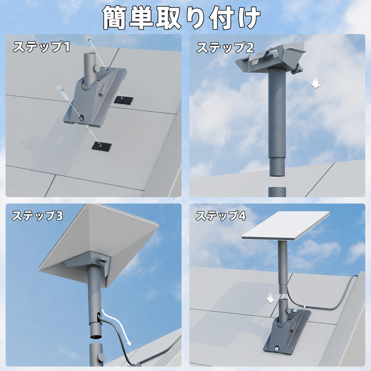 Starlink Mini / Mini X対応ピボットマウントの取り付け手順画像。ベース固定、マスト取り付け、ケーブル配線、アンテナ設置までの4ステップを説明。