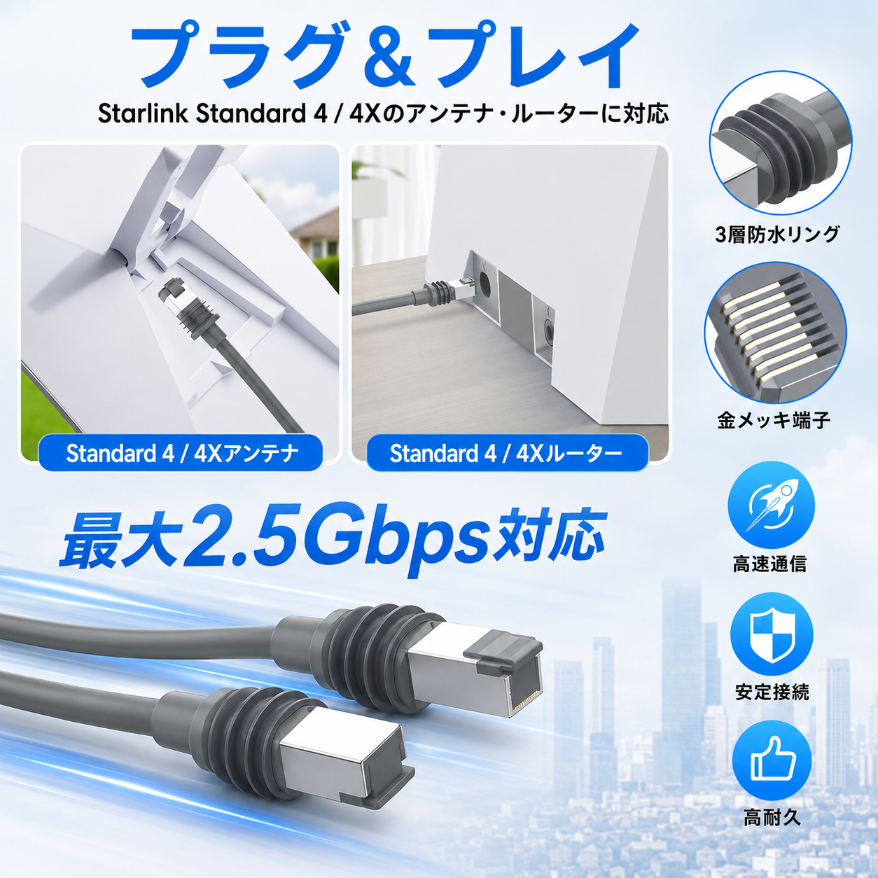 Starlink Standard 4 / 4X対応 Cat6 Ethernetケーブル 3層防水リング・金メッキ端子・最大2.5Gbps対応