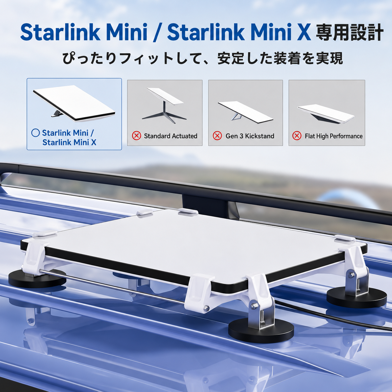 Starlink Mini / Starlink Mini X（スターリンクミニ）専用設計のマグネット式車載マウント、非対応モデル比較付き